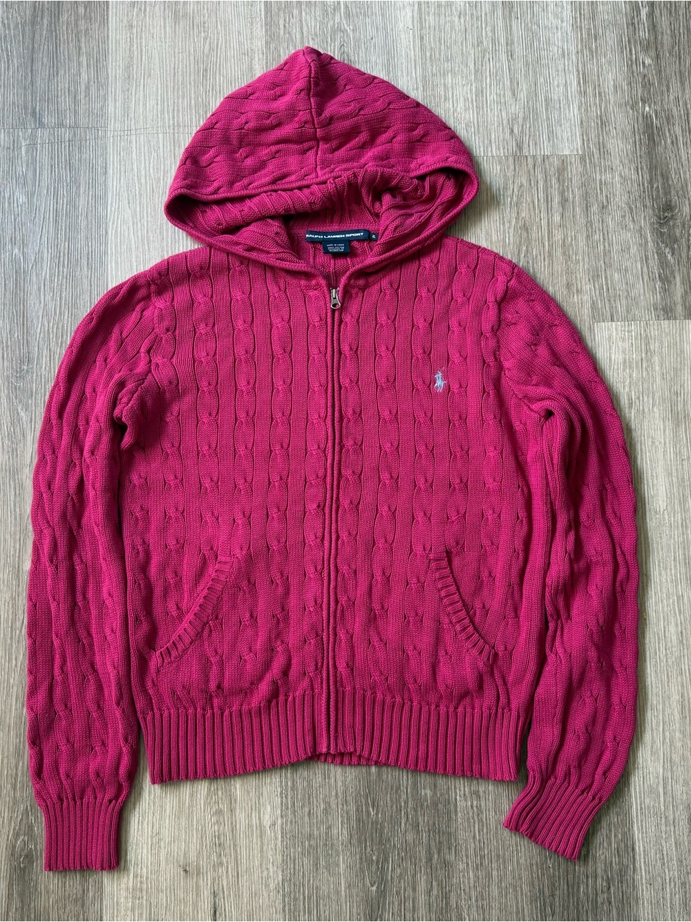 Ralph Lauren Sport Pink Cable Knit Full Zip Hoodie Women’s XL